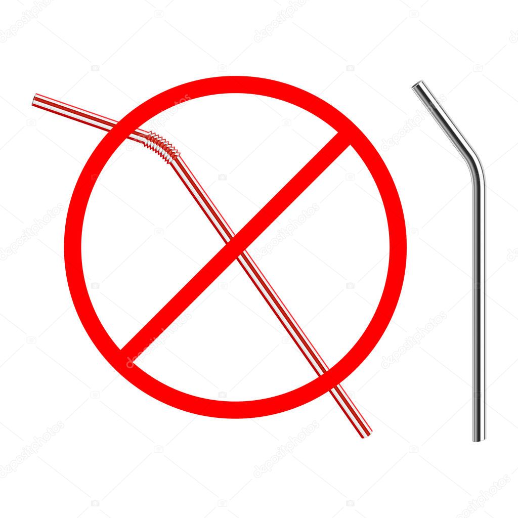 refusal of disposable plastic drinking straw in favor of reusable metallic drinking straw, stop sign on white background, ban plastic drinking straw, stock vector illustration