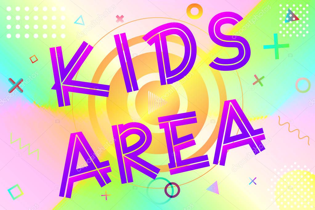Kids area text, colorful lettering in modern gradient on bright geometric pattern background, stock vector illustration