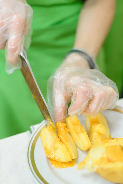 Chef Cuts Baked Apple Stock Photo Image — Stock Photo, Image