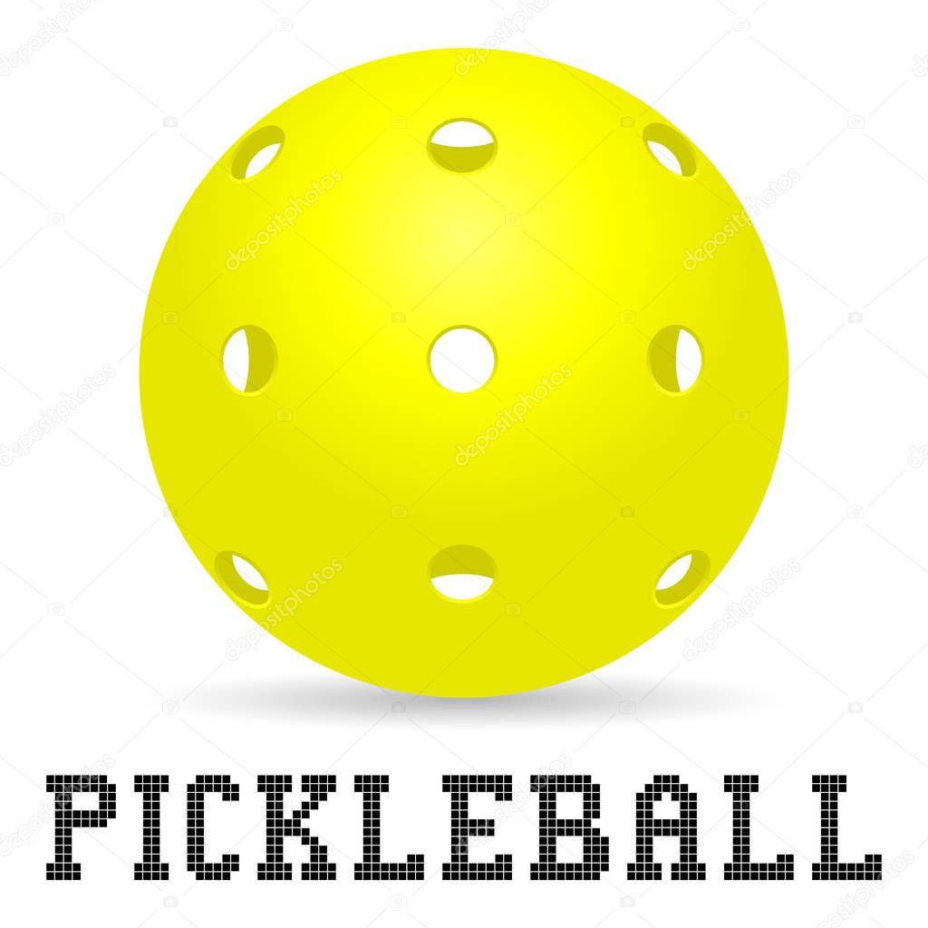 yellow pickleball ball with shadow and pickleball lettering for icon or logo design. stock vector illustration