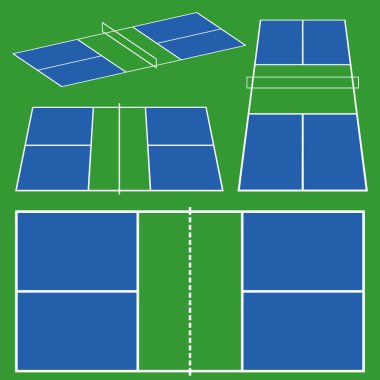pickleball mahkeme oyun düzeni. farklı bir bakış açısı üst, yan, düz çizgi rengi izometrik görünümünde. hisse senedi vektör çizim