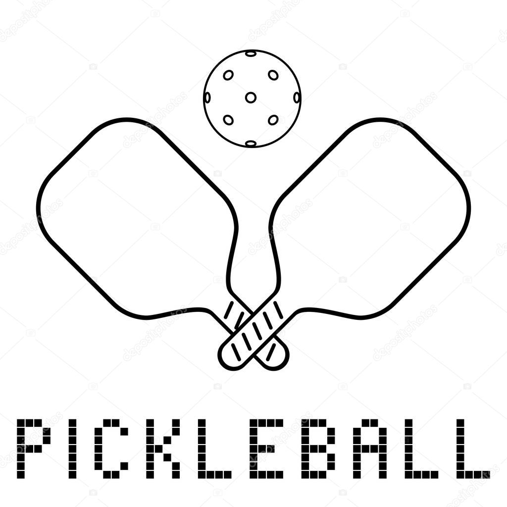 rackets or paddles and ball for pickleball game in black color. flat line silhouette icon, logo or label clipart. stock vector illustration