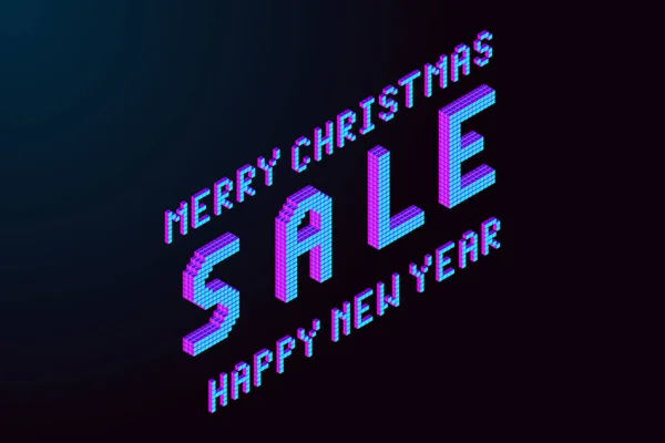 Merry Christmas Happy New Year 2019 Sale Lettering Pixel Isometric — Stock Vector