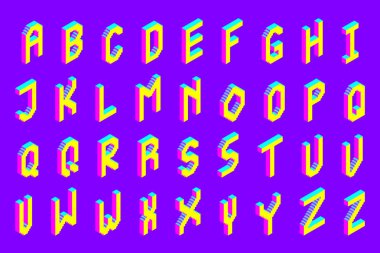 koyu renkli izometrik piksel 3d yazı tipi. çağdaş parlak büyük geometrik alfabesi harfleri küme. hisse senedi vektör çizim clipart