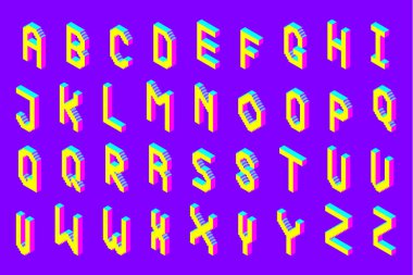 koyu renkli izometrik piksel 3d yazı tipi. çağdaş parlak büyük geometrik alfabesi harfleri küme. hisse senedi vektör çizim clipart