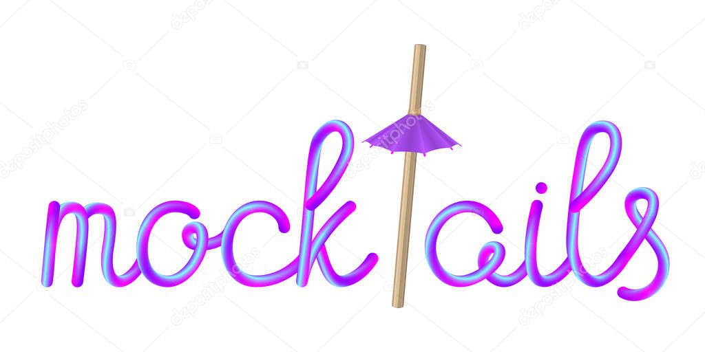 mocktails calligraphic colorful hand-drawn lettering text with reusable natural bio eco bamboo straw and umbrella isolated on white background, stock vector illustration clip art