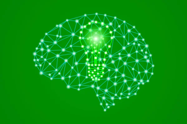 Çokgen düşük Poly pleksus insan kafası beyin yeşil ampul işareti — Stok Vektör