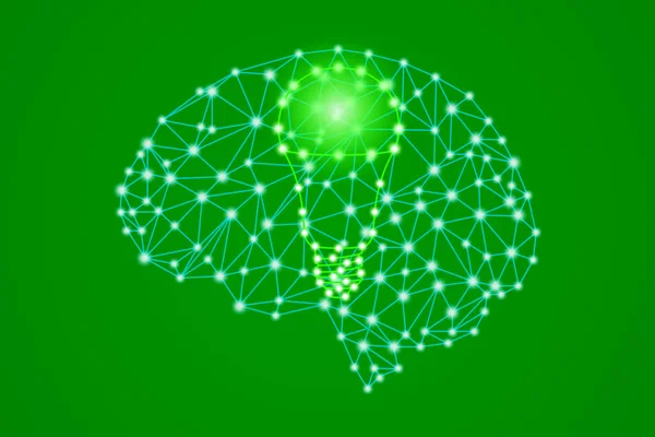 Sinal conduzido verde da lâmpada de luz no baixo poligonal do plexo poli cérebro humano da cabeça — Vetor de Stock