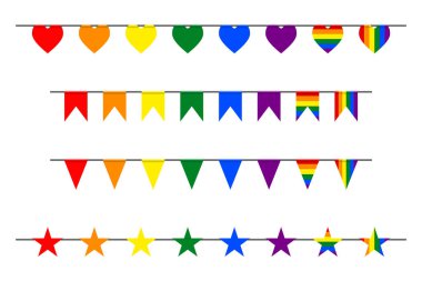 Karnaval bayrakları, kalpler, gökkuşağı renginde yıldızlar lgbt gurur renkleri