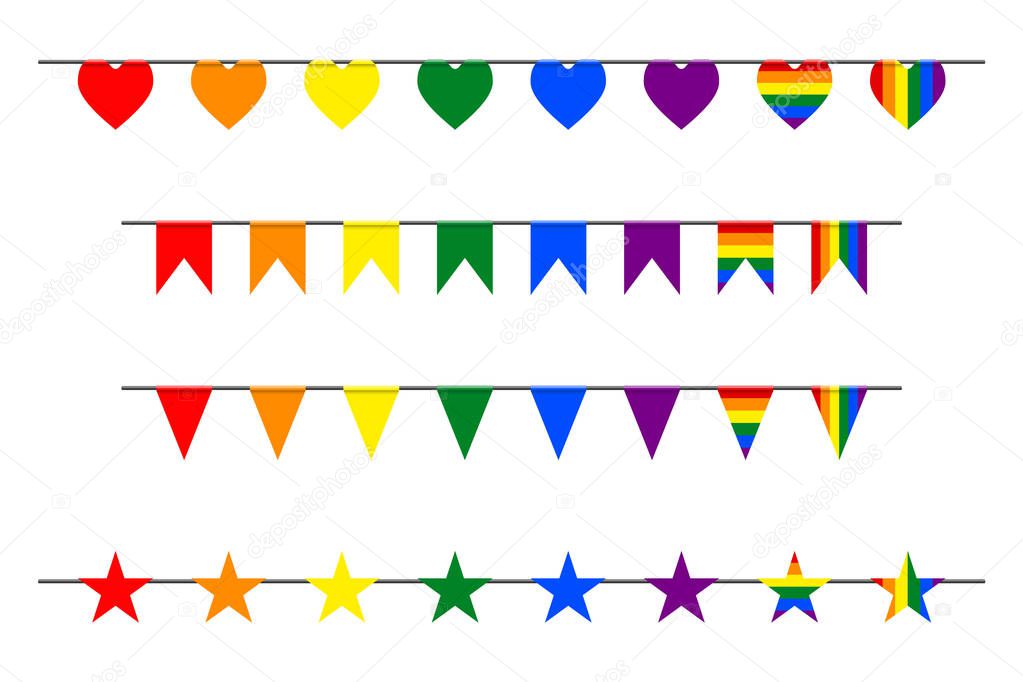 carnival garland flags, hearts, stars in colorful rainbow lgbt pride gradient flag colors