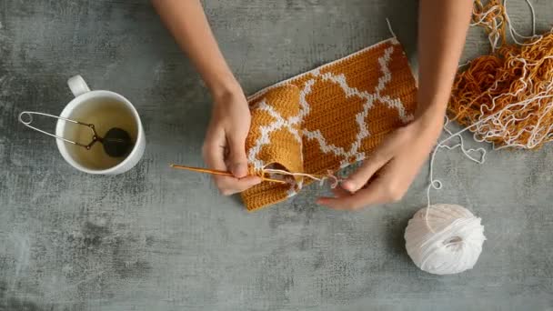Jeunes Femmes Mains Crochet Avec Des Fils Coton Orange Blanc — Video
