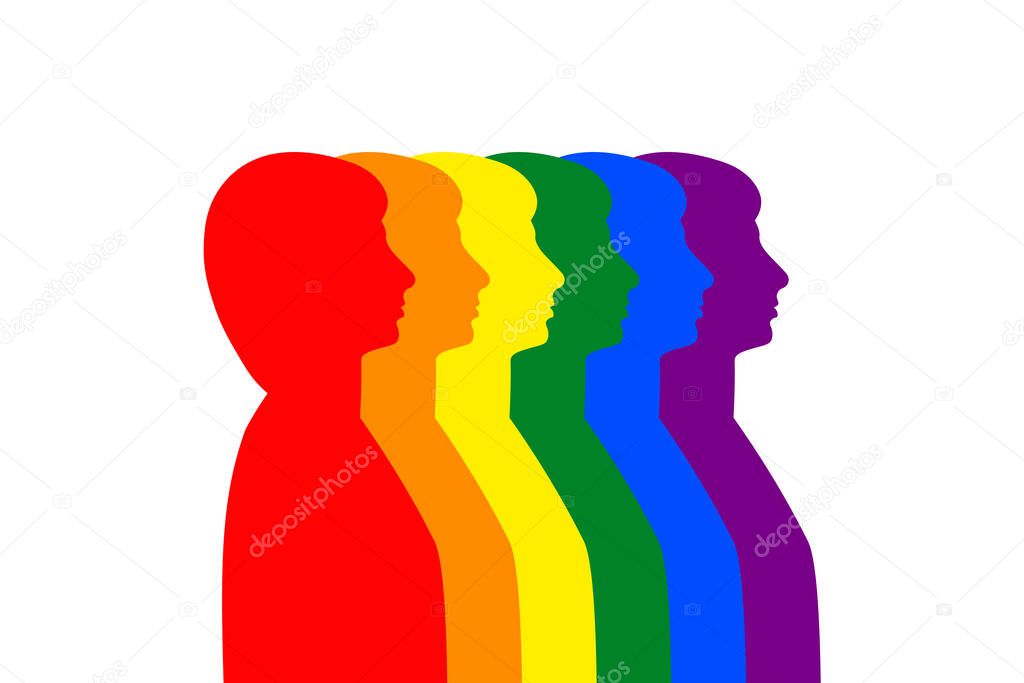 women and men silhouette profile in colorful rainbow LGBT pride colors, stock vector illustration clip art, isolated on white background