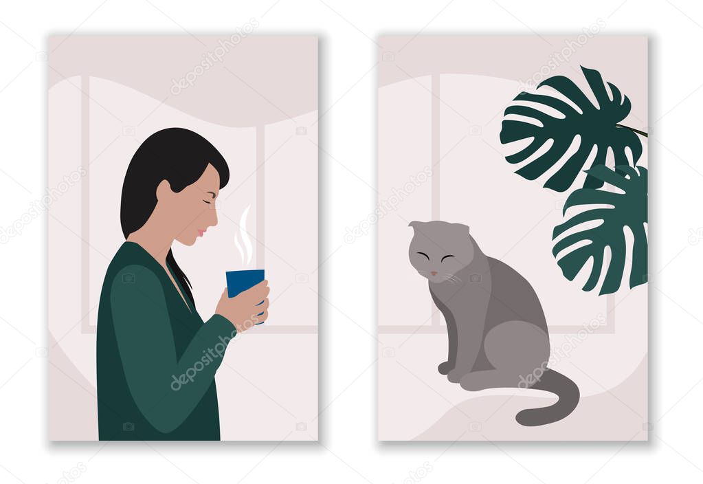 white woman with black hair in green cardigan standing with cup of hot drink and sitting gray cat with monstera on window background, stock vector illustration in soft pastel colors for diptych design