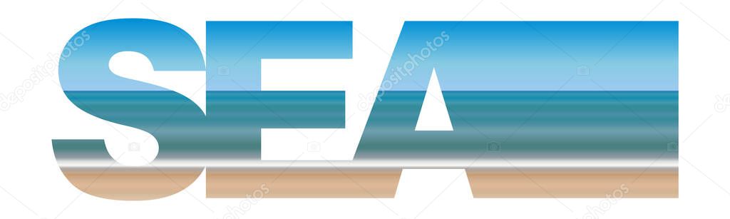 sea word print lettering in natural seascape colorful gradient colors, abstract sky, sea, beach line pattern in minimal style, stock vector illustration design element