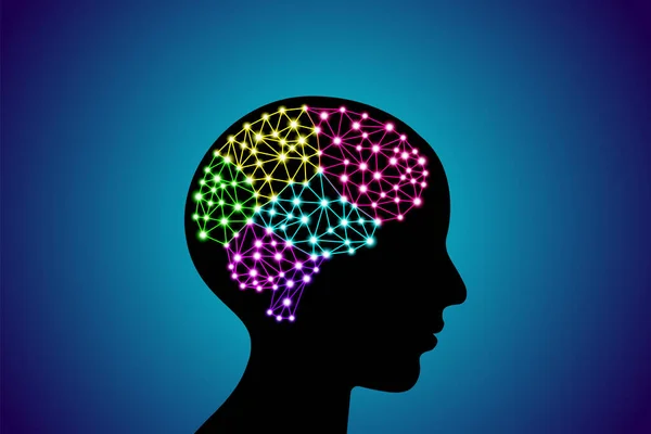 Dijital Nöro Rengarenk Parlayan Parçacıklar Çizgiler Noktalar Pleksus Insan Beynini — Stok Vektör