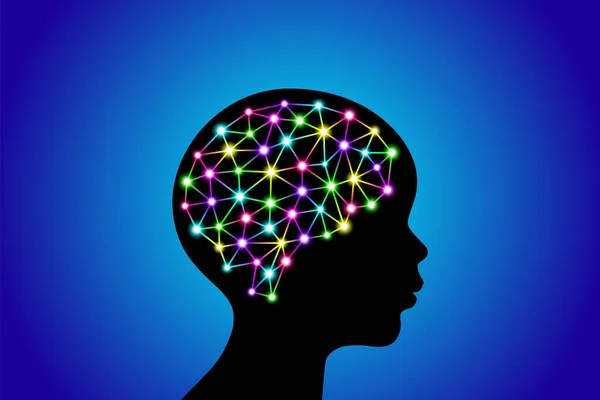 3Dデジタルユーロ多色のカラフルな輝く粒子の線とドットプレキシス構造子供の頭の上に人間の脳黒のシルエット ストックベクトルイラストクリップアート青グラデーション背景 — ストックベクタ