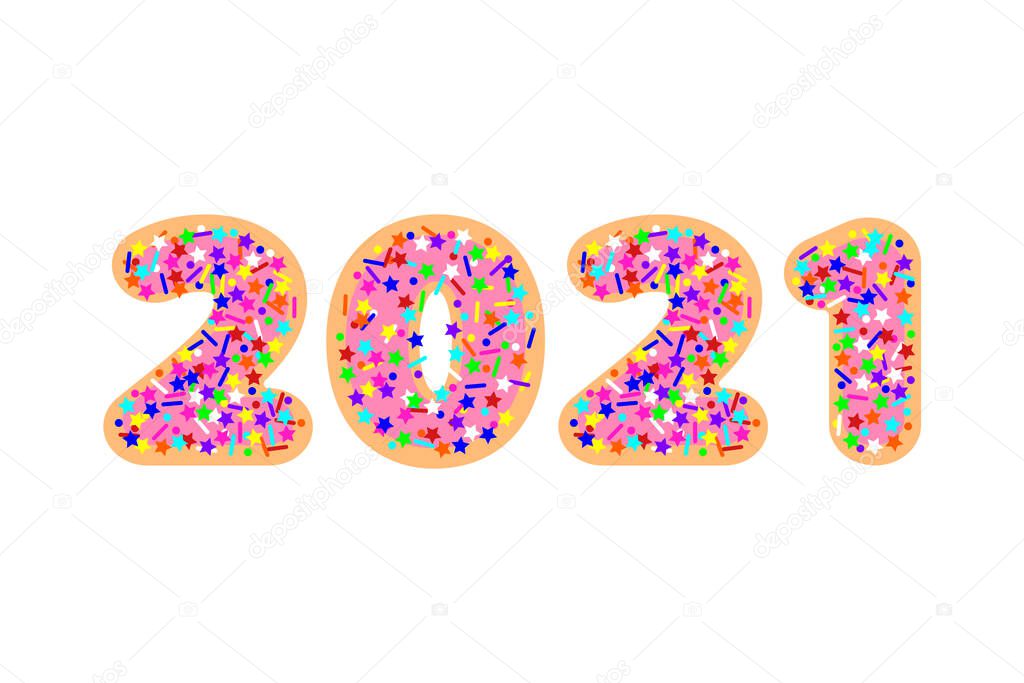 2021 numbers in flat colorful sprinkles candy topping on pink glazed cookies font, stock vector illustration clip art design element isolated on white background for calendar, poster, flyer, card