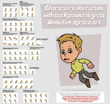 Çizgi film çocuk karakteri büyük vektör animasyon Sprite sayfasında ayarlayın. Arka plan nesnelerine ile etkileşim. Düşme ve yükselme. Ölüm. Stand IP ve oturma. Tırmanma ve Crouch. Animasyon için oyun, çizgi film.