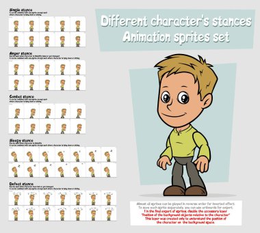Çizgi film çocuk karakteri büyük vektör animasyon Sprite sayfasında ayarlayın. Farklı tutumları. Basit, öfke, mücadele, Uykulu, yenilgi duruş. Hızlı düzenleme için katmanlı. Animasyon için oyun, çizgi film.