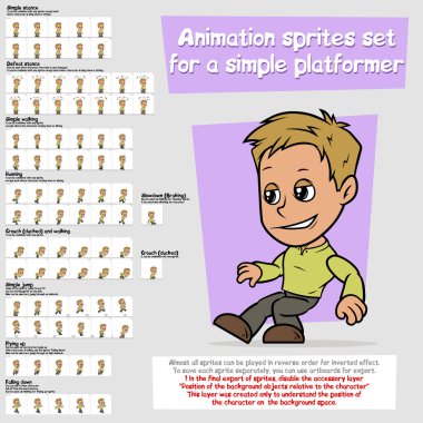 Çizgi film çocuk karakteri büyük vektör animasyon Sprite sayfasında için basit bir platformer ayarlayın. Farklı tutumları. Yürüme ve koşma. Atlama ve Crouch. Kadar uçan ve düşme. Animasyon için oyun, çizgi film.