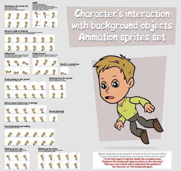 Cartoon Boy Character Big Vector Animation Sprites Sheet Set Interaction — Stock Vector
