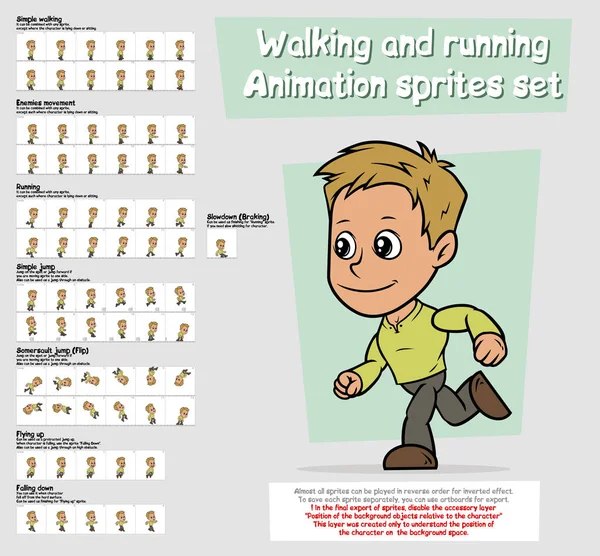 Caricatura Chico Personaje Gran Vector Animación Sprites Hoja Conjunto Caminar — Vector de stock