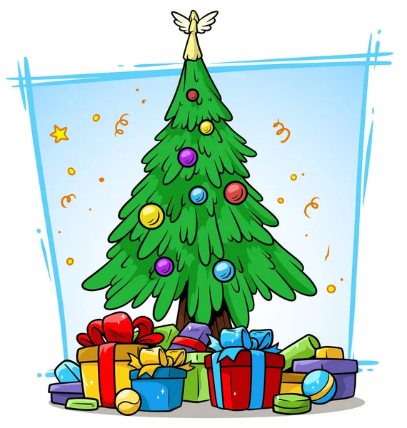 Dessin animé arbre de Noël avec des boules et des boîtes-cadeaux — Image vectorielle