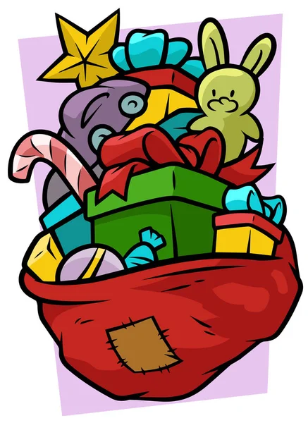 Cartoon rote Tasche mit Geschenken und Spielzeug — Stockvektor