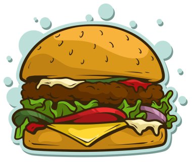 Cartoon tasty big hamburger vector sticker icon clipart