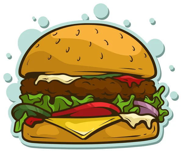 Cartoon tasty big hamburger vector sticker icon — Stock Vector