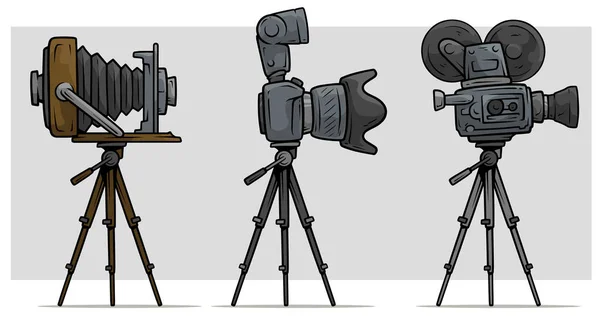 Film kartun dan kamera foto pada set tripod - Stok Vektor