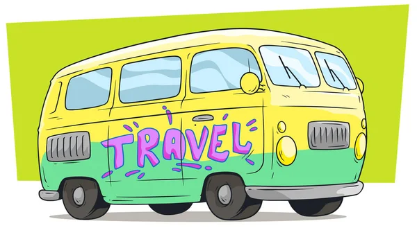 Caricatura autobús van retro con etiqueta de texto Viajar — Vector de stock