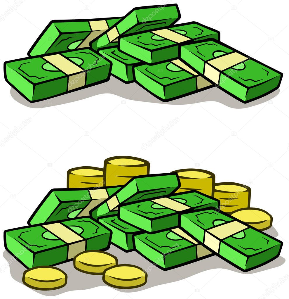 Cartoon money stack piles of cash and coins — Stock Vector ...