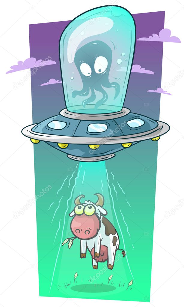 Cartoon alien monster in spaceship stealing cow