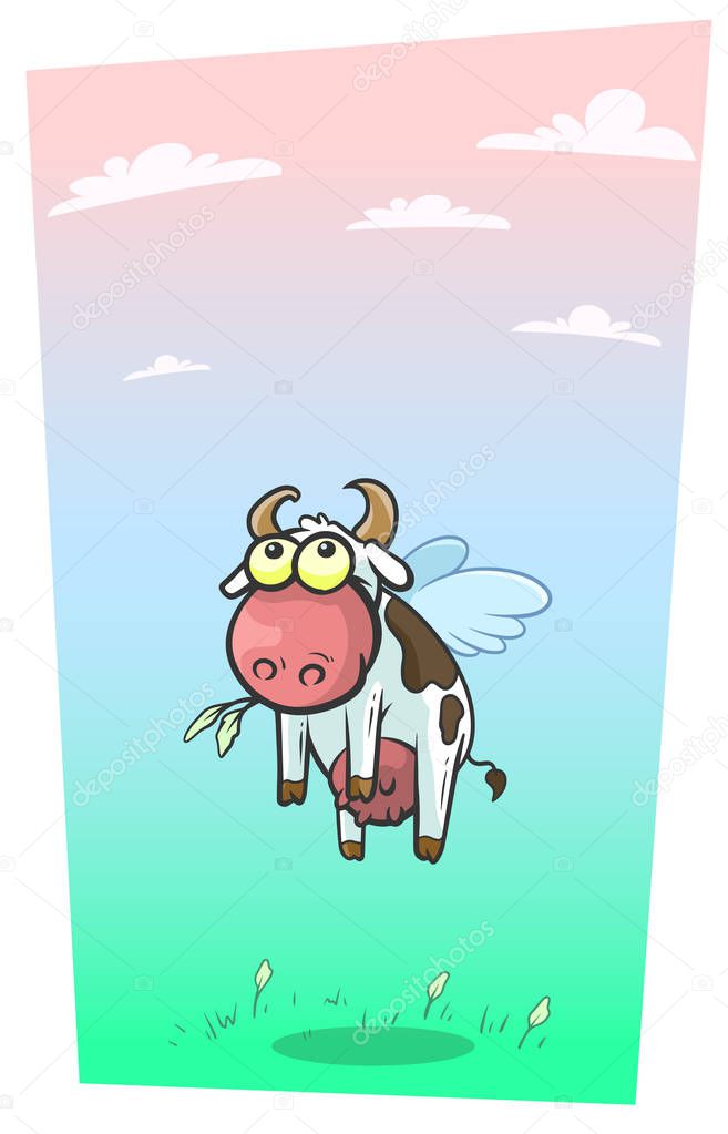 Cartoon cool flying cow with cute wings vector