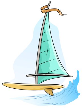 Mavi yelken ve Okyanusu üzerinde turuncu bayrak ile çizgi film Rüzgar Sörfü kurulu. Vektör simgesi.