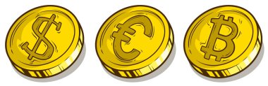 Çizgi film bitcoin dolar ve euro sikke vektör set