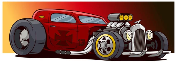 Dibujos animados retro vintage rojo caliente varilla deporte coche de carreras — Vector de stock