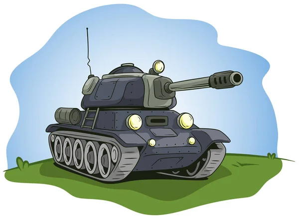 Cartoon Grijze Militaire Leger Grote Tank Met Antenne Groen Gazon — Stockvector
