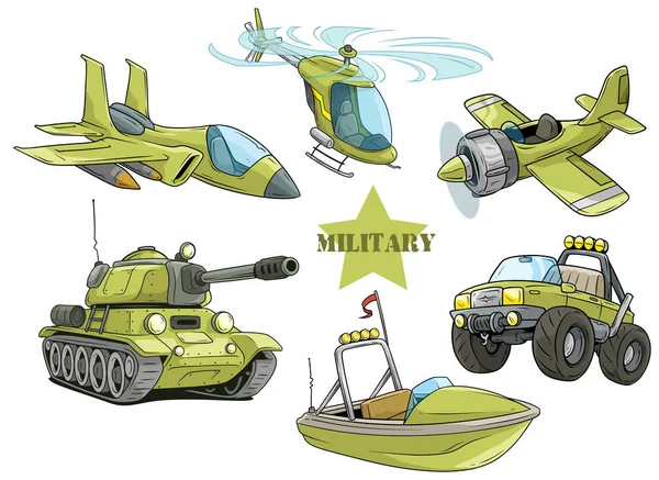 Cartoon groene militaire leger voertuigen vector set — Stockvector