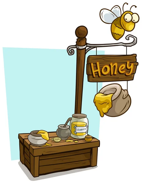 Kreslený medu dodavatele stánku trh dřevěný stojan — Stockový vektor