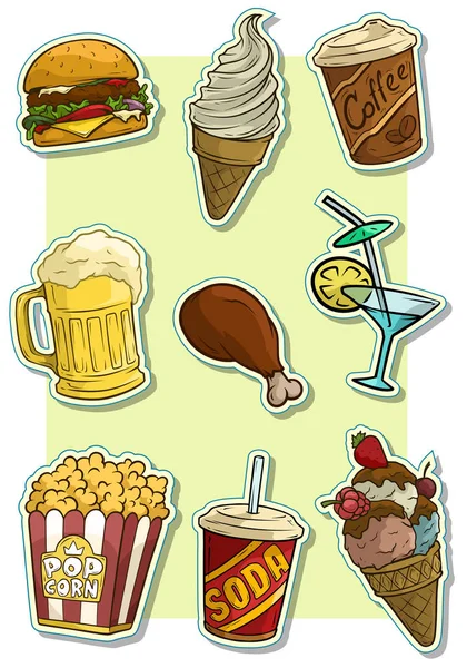 Cartoon fast food and drinks vector icon stickers — Stock Vector