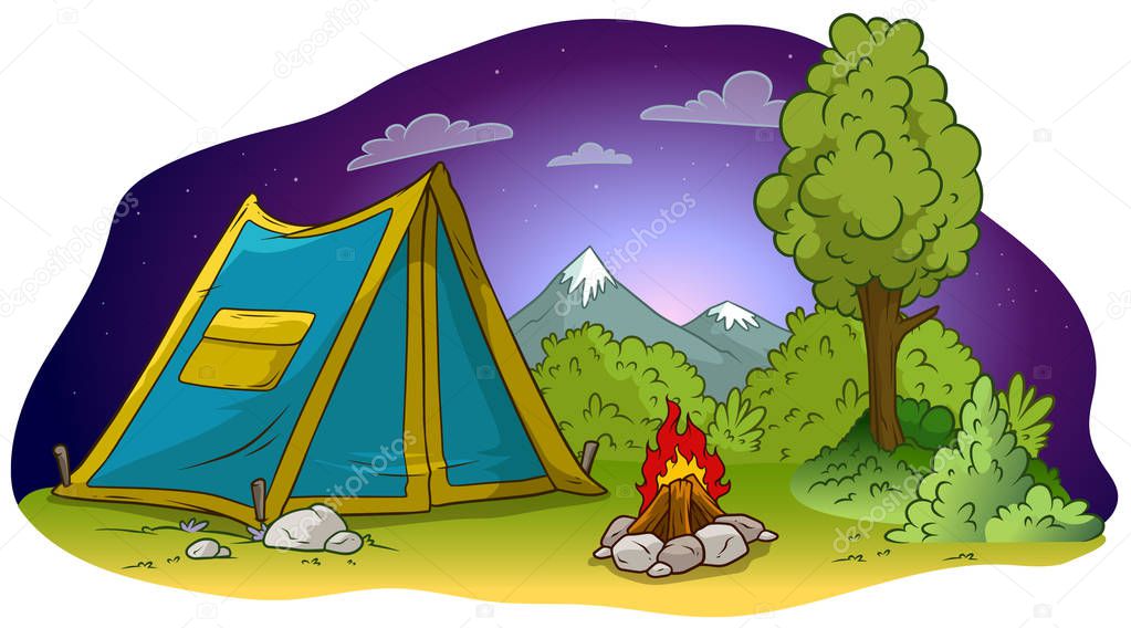 Cartoon camping tent and campfire on grass lawn