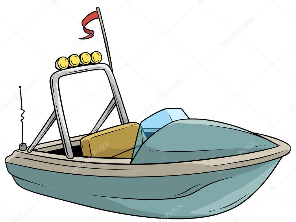 Cartoon small blue motor boat with flag