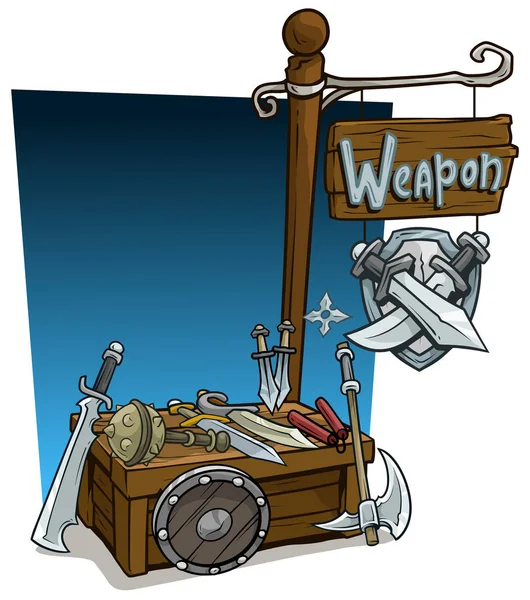 Γελοιογραφία Χάλυβα Όπλο Προμηθευτή Περίπτερο Κατάστημα Αγοράς Ξύλινη Βάση Ξύλινη — Διανυσματικό Αρχείο