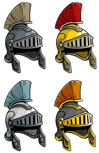 Juego de iconos de casco de soldado romano antiguo de dibujos animados — Vector de stock