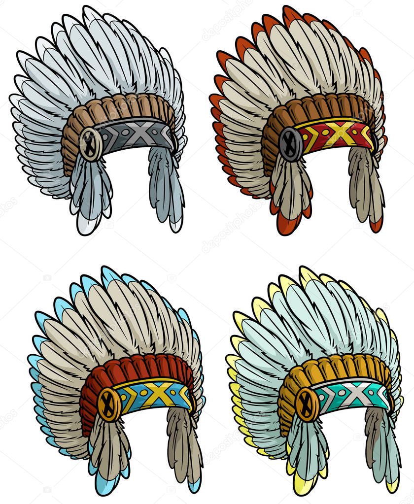 Cartoon native american indian chief headdress set