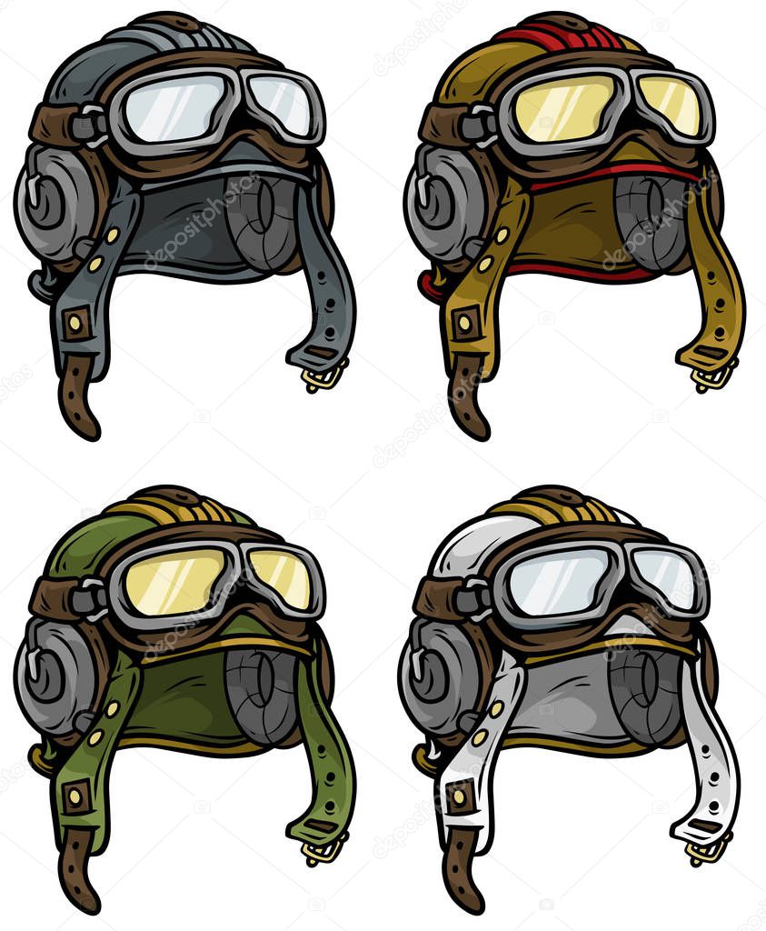 Cartoon retro aviator pilot helmet vector icon set