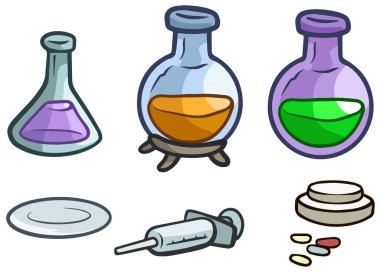 Çizgi film laboratuvar şişesi, hap ve şırınga