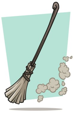 Gri süpürge temiz ahşap sapı ile karikatür ve mavi arka plan üzerinde toz. Vektör simgesi.